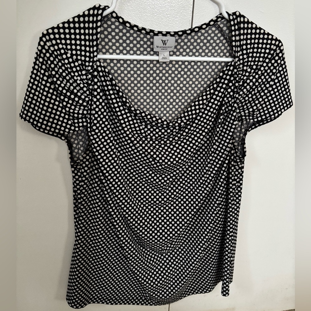 Worthington Black and White Polka Dot cowl neck knit top
